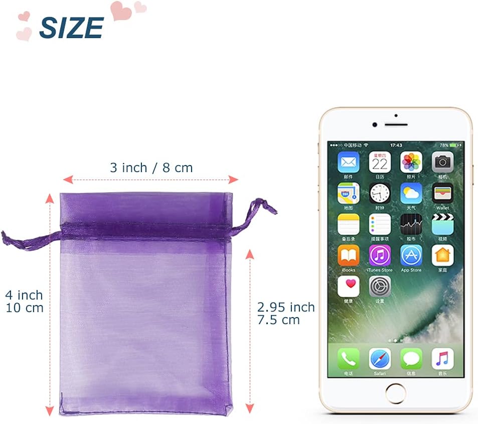 YQL Organza Bags 3x4 Inch,100PCS Purple Mini Drawstring Organza Jewelry Pouches Wedding Party Valentine Gift Mesh Candy Bag