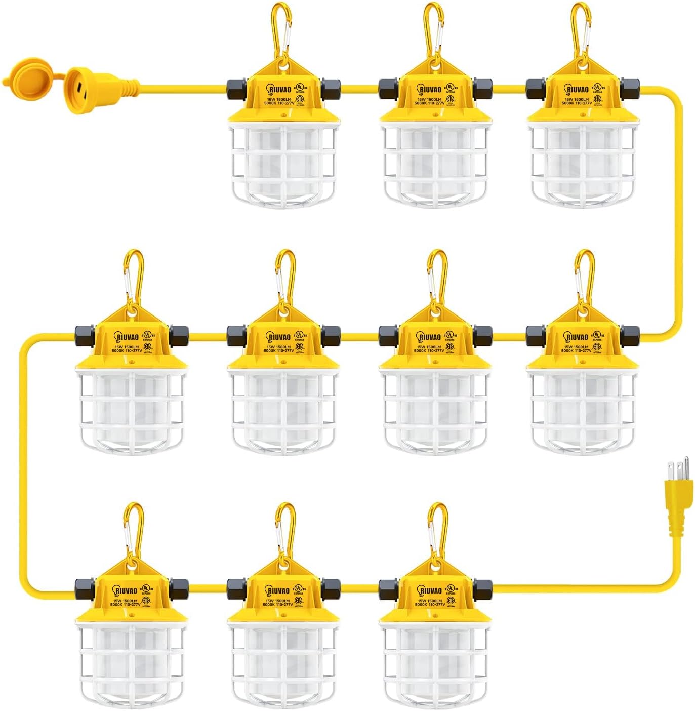 100ft LED Construction String Lights, 150W 15000LM Super Bright LED String Work Light, Construction Temporary Lights Apply to Renovation, Courtyard, Jobsite, and All Outdoor Lighting (100ft-10lights)