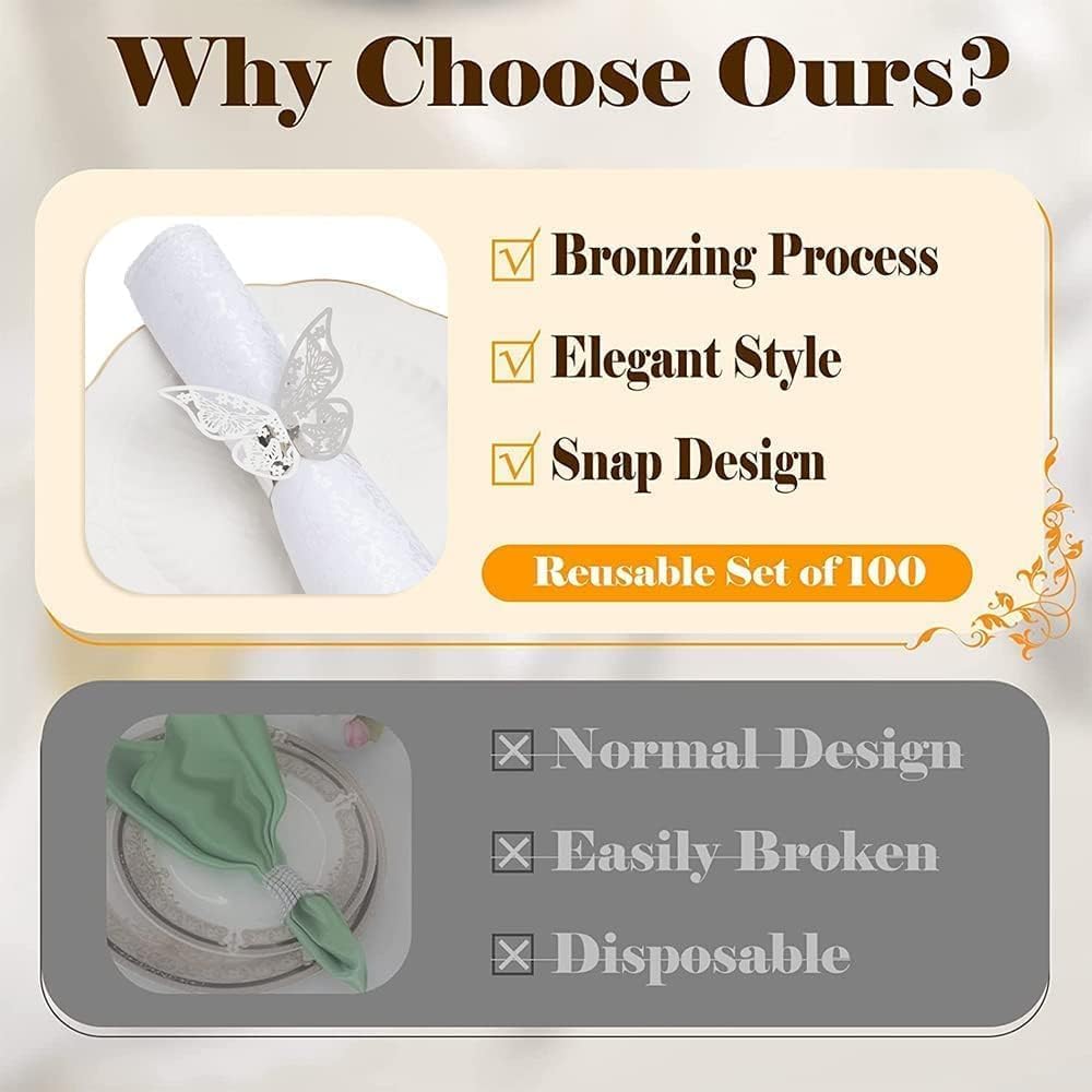 100 Pcs Napkin Rings Laser Cut Butterfly Shape Foil Paper Napkin Holder for Weddings Party Serviette Table Decoration Restaurant (Silver)