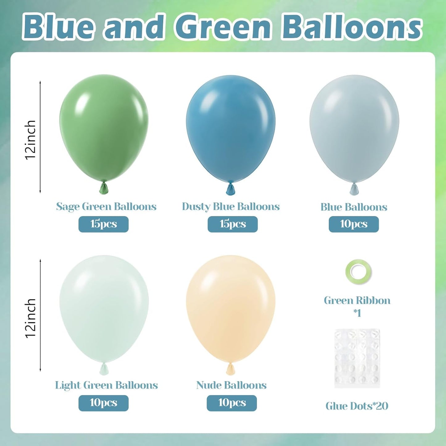 60pcs Blue and Green Balloons - Sage, Dusty Blue, Pastel Green, Nude for Bridal, Woodland, Birthday, Baby Shower Decorations