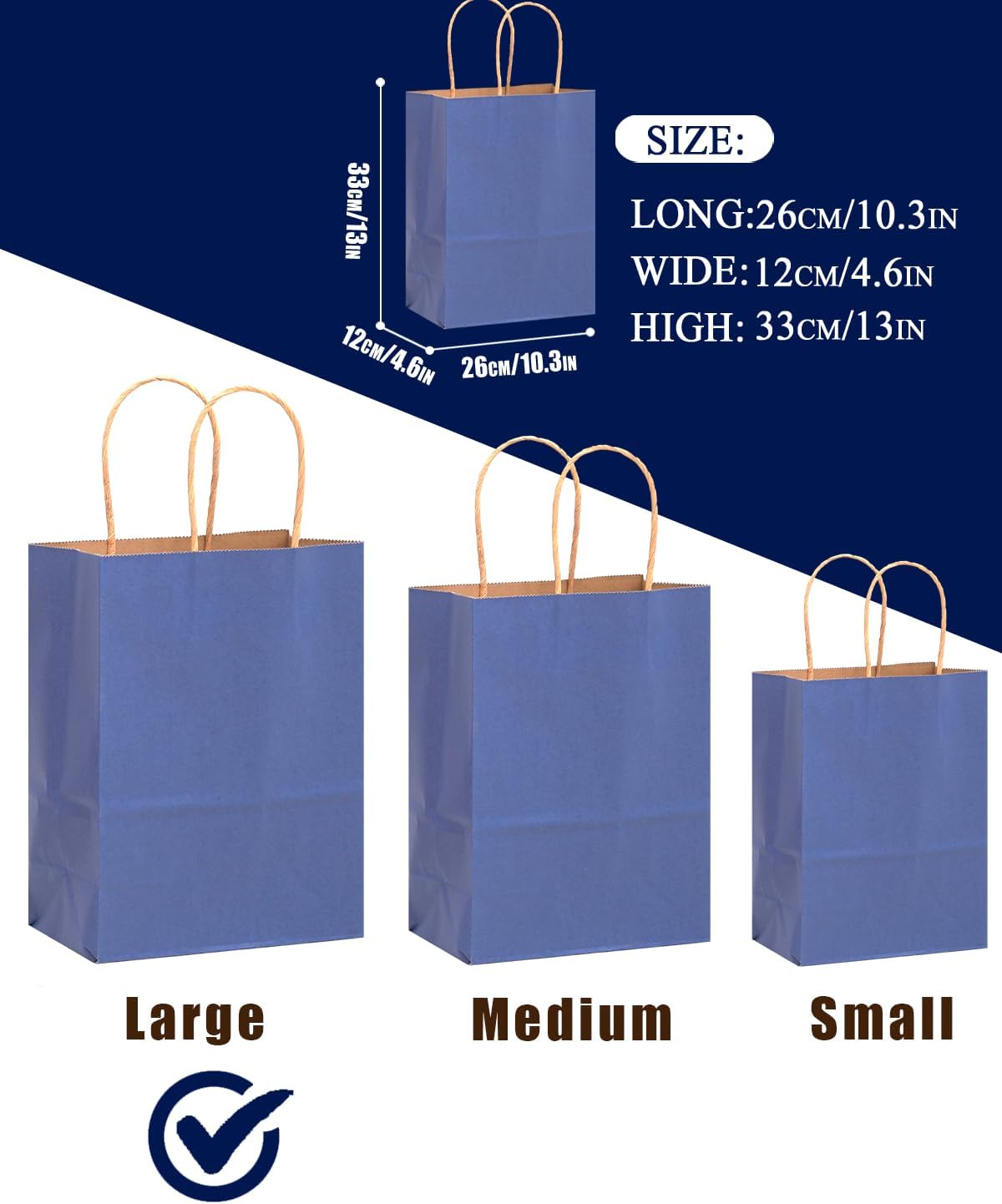qiqee 100PCS Gift Bag with Handles Bulk Kraft Deep Blue Paper Bags Multiple Uses (13''x5 x10 inch Large Size)