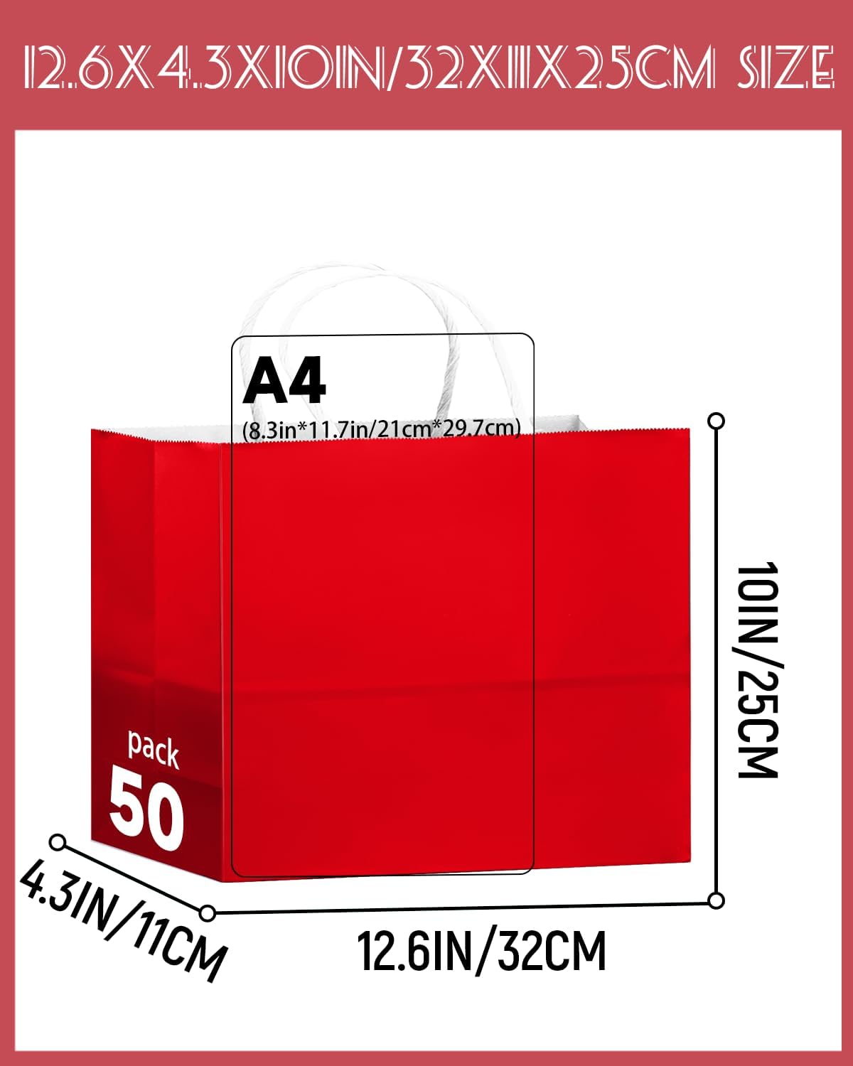 qiqee 50-Packs Red Paper Gift Bags with Handles Bulk 12.6"x4.3"x10" Wide Large Size Party Favor Bags Multiple Uses