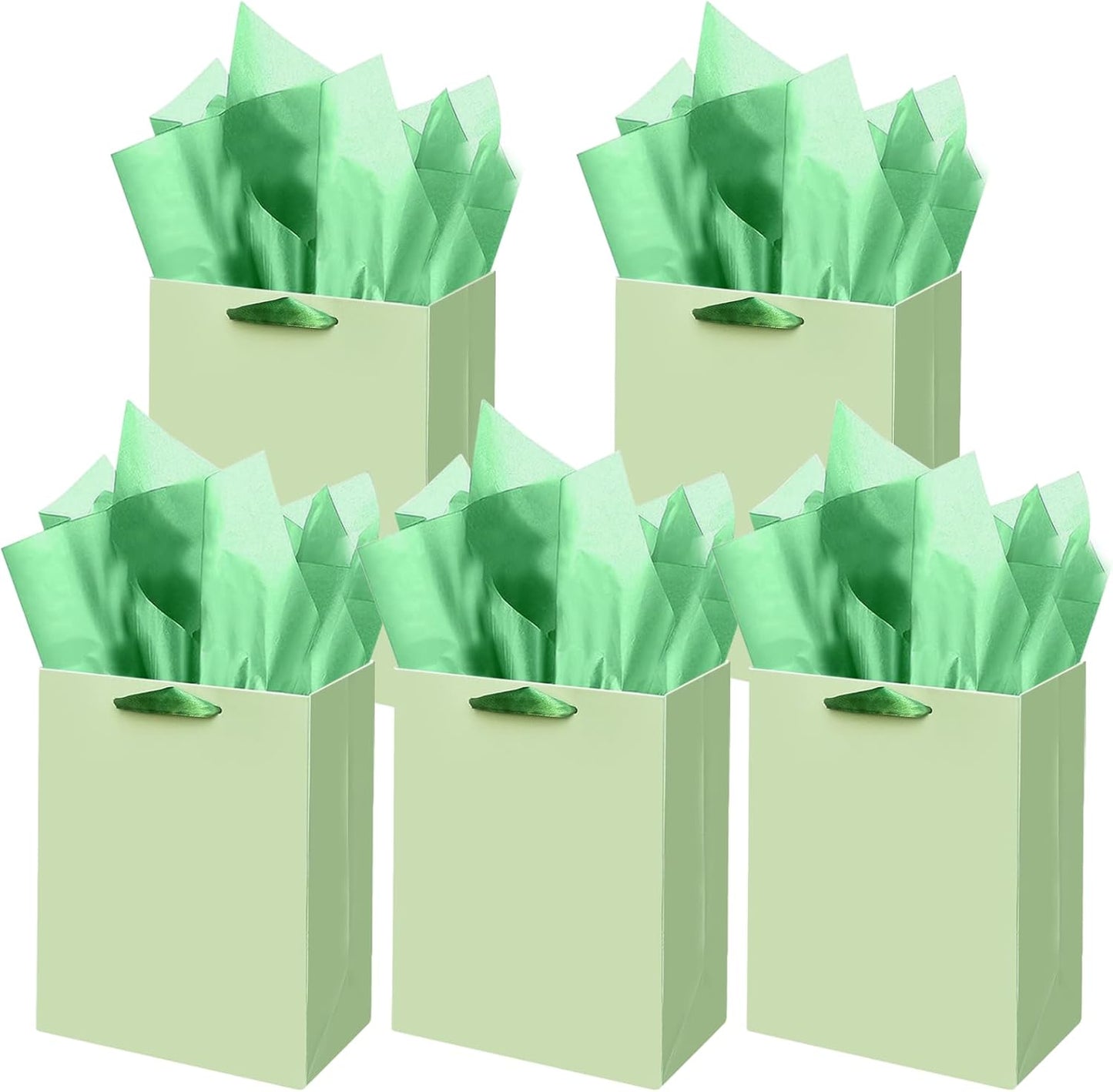 Gcardist Light Green Gift Bags with Tissue Paper for Wedding, Birthday, Party Supplies-7.9"x4.3"x9.6" Medium Size Cardboard Gift Bags（5pcs Bags +10pcs Tissue Paper ）