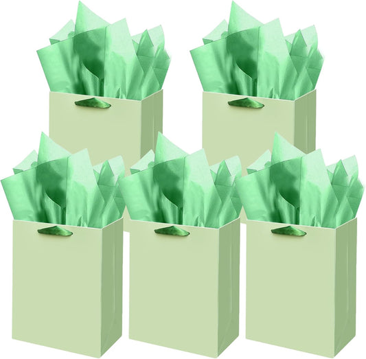 Gcardist Light Green Gift Bags with Tissue Paper for Wedding, Birthday, Party Supplies-7.9"x4.3"x9.6" Medium Size Cardboard Gift Bags（5pcs Bags +10pcs Tissue Paper ）