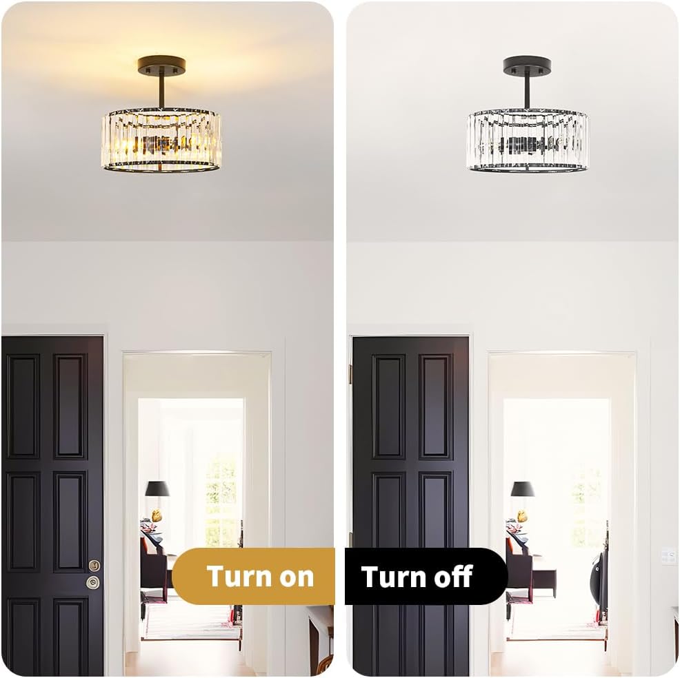 Modern Crystal Ceiling Light, Matte Black Semi Flush Mount Ceiling Lighting Fixture, Hallway Light Fixtures Chandelier for Kitchen, Bedroom Dining Room Hallway Closet, 3-Light, 12 Inch