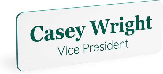ExcelMark Custom Name Tag - Engraved Name Badge with Pin or Magnetic Backing, 16 Colors, 6 Fonts, and 2 Sizes to Choose from (White w/Pine Green Letters, 1"x 3")