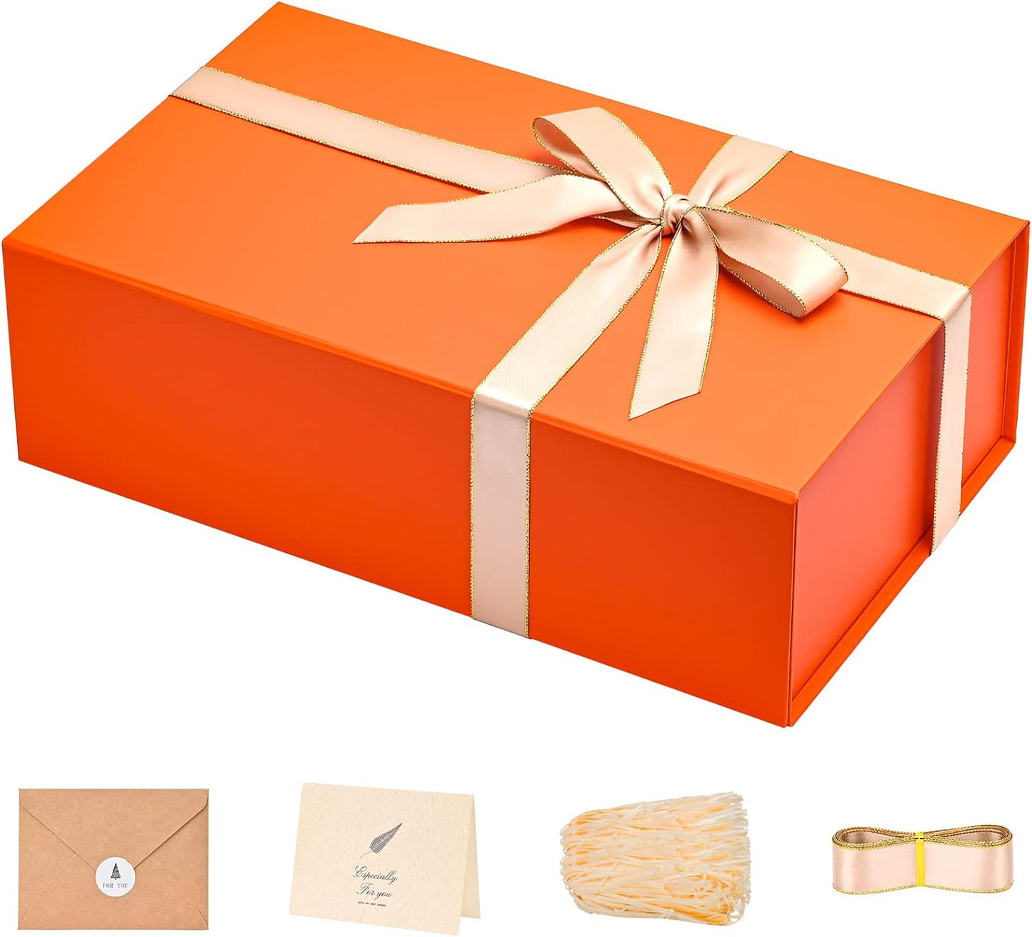 LIFELUM Gift Boxes Bulk, 13.85 x 8.35 x 4.45 inch 1 Pack Orange Gift Boxes with Lids Contains Card, Ribbon, Shredded Paper Filler Gift Boxes for Birthdays, Baby Shower, Bridal Gifts,Weddings