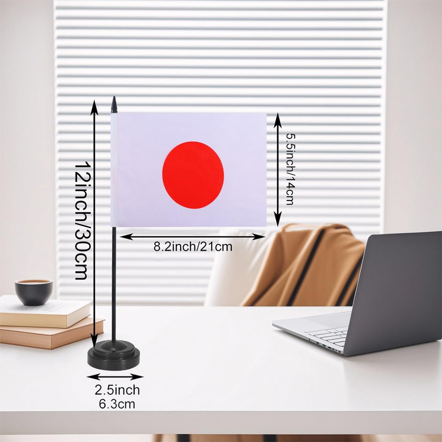 Japan Desk Flag 12" Solid Pole Deluxe Set Japanese Flags Banner Mini Small Japan Office Table Flags with Black Stand Base Desktop Decorations(2Pack)