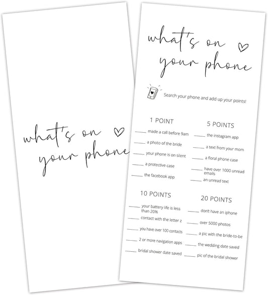 Bridal Shower Games, What's On Your Phone, 25Pcs 4x9inch Minimalist White Double-Sided Bridal Game Cards, Wedding Shower Games for Guests, Engagement Bachelorette Party Supplies - A17