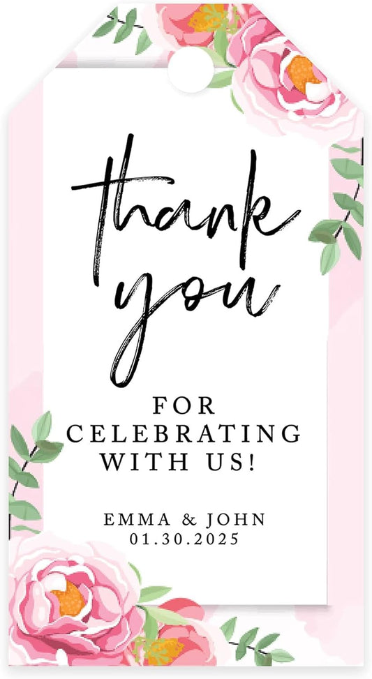 Andaz Press 100-Pack Personalized Thank You Tags with Bakers Twine, Pink Peonies Custom Cardstock Wedding Gift Tags 2 x 3.75-Inches