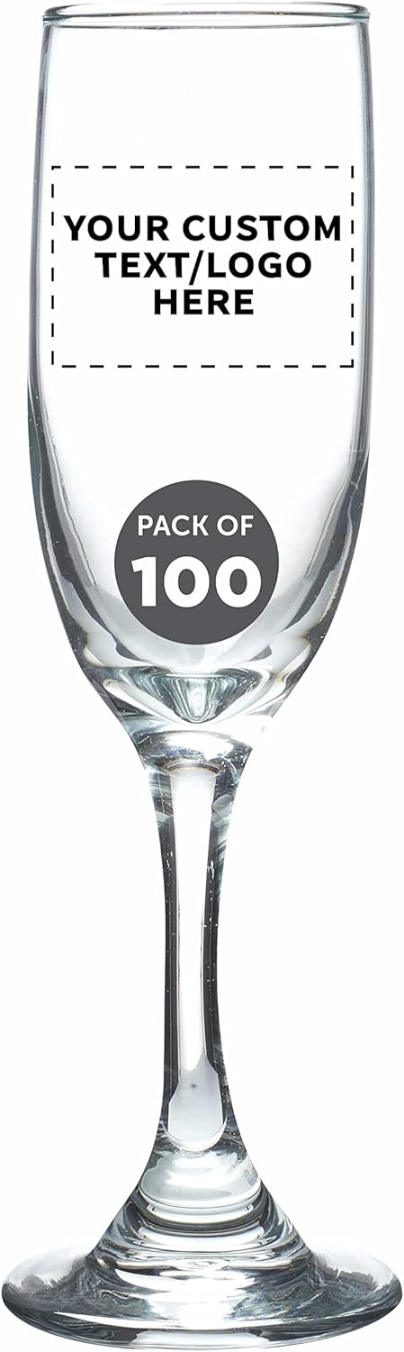 DISCOUNT PROMOS Custom Premiere Champagne Flutes 6.25 oz. Set of 100, Personalized Bulk Pack - Elegant Drinkware for Weddings, Events, & Promotional Gifts - Clear