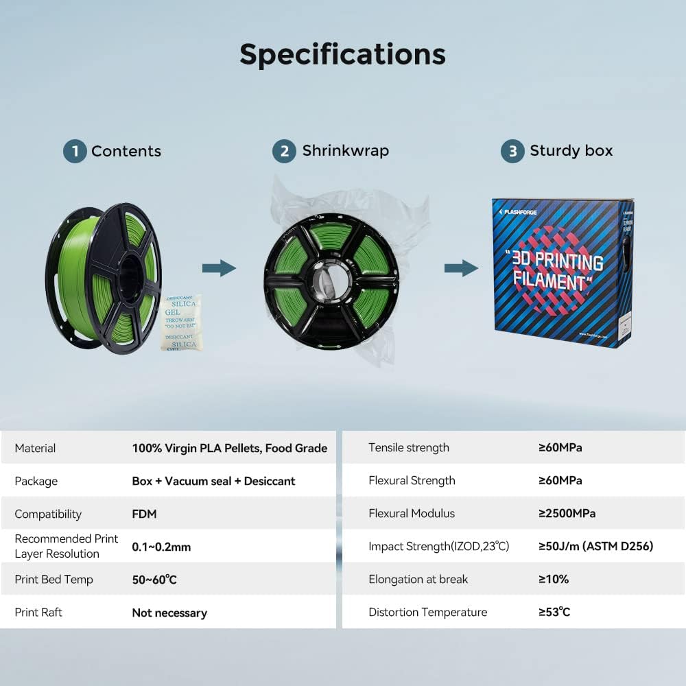 FLASHFORGE 3D Printer Filament, PLA PRO Filament 1.75mm, 1KG Spool (2.2lbs), Dimensional Accuracy +/- 0.02mm for FDM 3D Printers, Better Tenacity & No Knotting (Green)