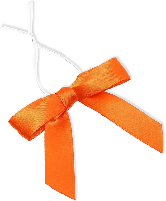 Bright Creations 100 Pack Orange Twist Tie Bows for Treat Bags - 3" Small Satin Ribbons Orange Twist Ties for Craft Decoration, Gift Wrap, Themed Party Favors, Baked Goods