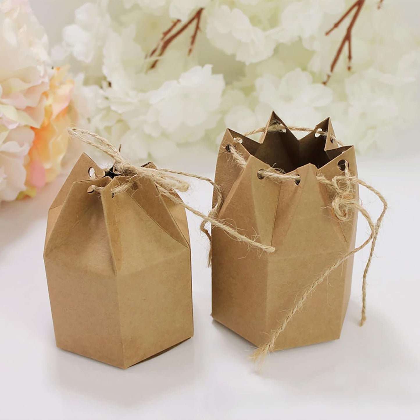 Zontween 50 Pack Hexagon Paper Box With Twines Kraft Paper Hexagon Boxes With Twice Candy Favor Present Boxes For Wedding Birthday Brown