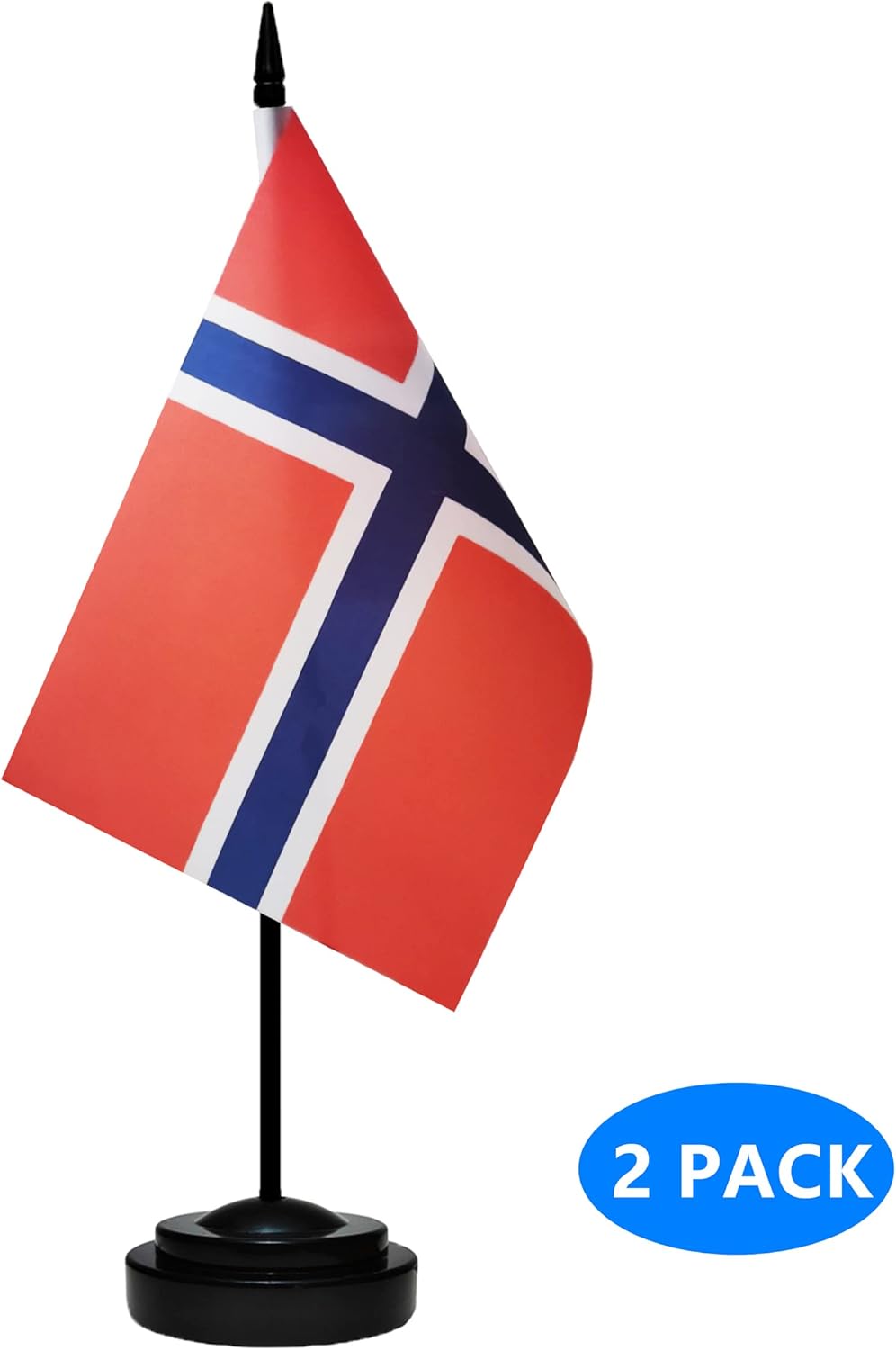 Norway Norwegian Deluxe Desk Flag Set Small Mini Miniature Norway Norwegian Table Desktop Flags With Solid Pole, Black Base and Spear Top(2 Pack)