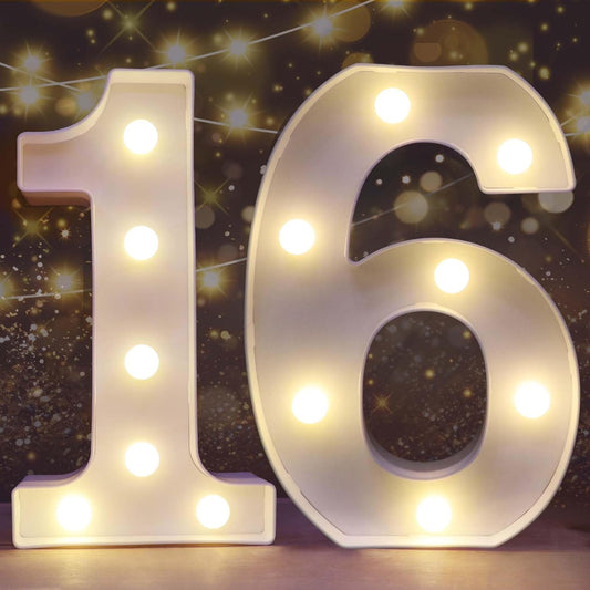 Pooqla Decorative Led Light Up Number Letters, White Plastic Marquee Number Lights Sign 16th Birthday Decorations for Girls Boys Party Wedding Decor Battery Operated Number (16)