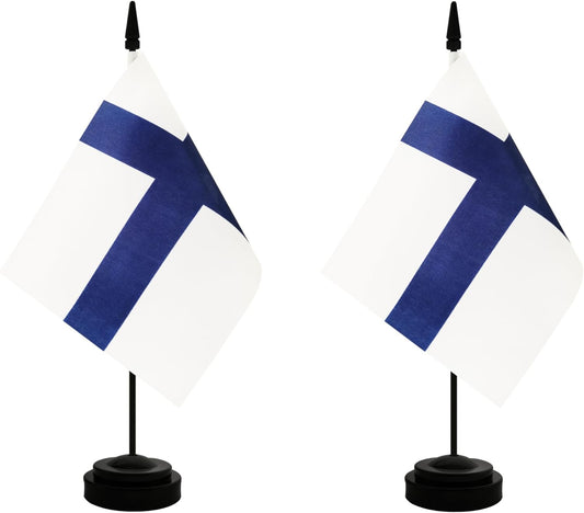 2 Pack Finland Desk Flag, Finnish Table Office Flag with Solid Pole and Stand Base, International Country Flag, Festival Celebration, Classroom Meeting Desktop Decoration (Finland)