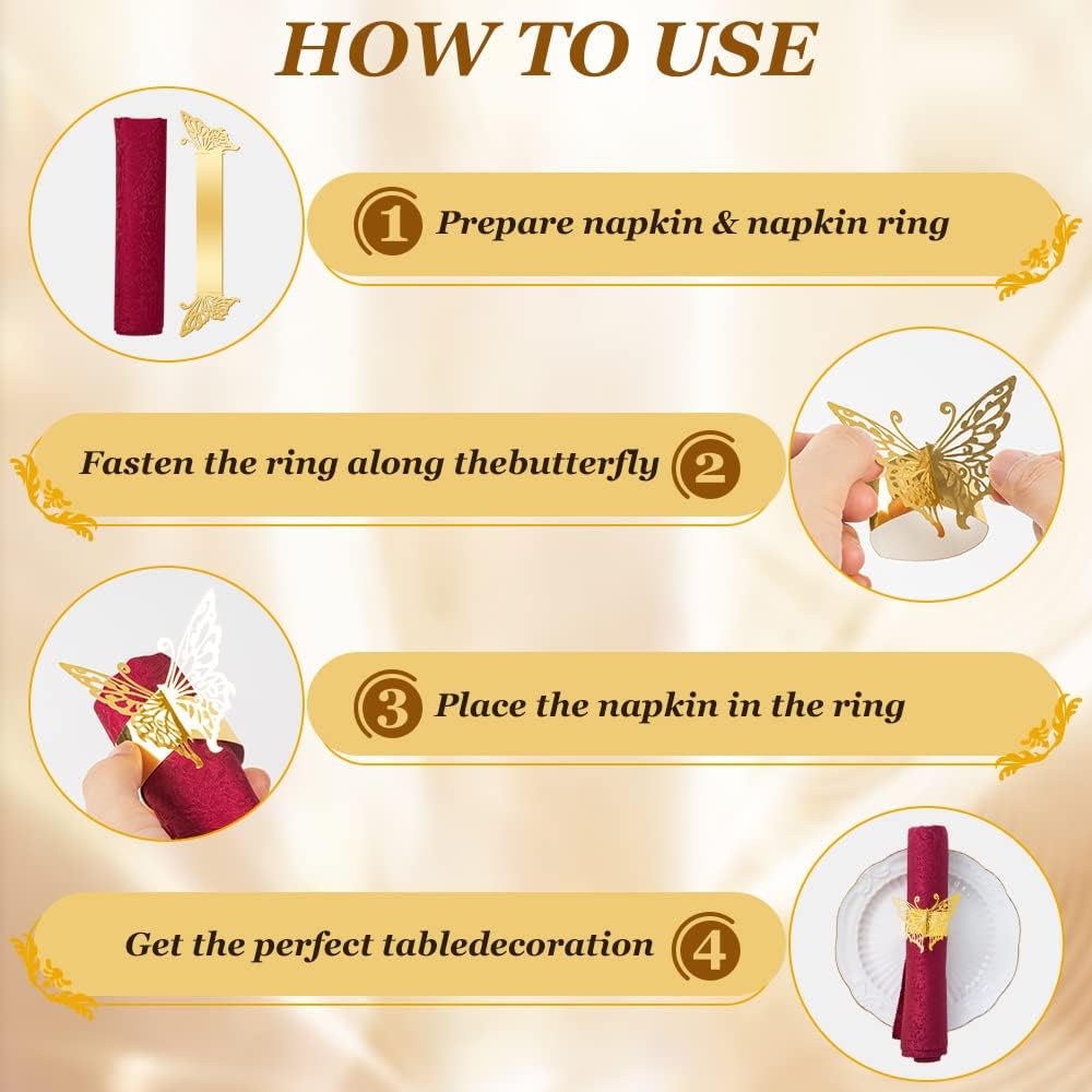 150PCS Butterfly Napkin Rings for Luxury Banquet Style, Reusable Paper Napkin Holders for Wedding Banquet Dinner Table Decor, and Catering Party Services (Gold)