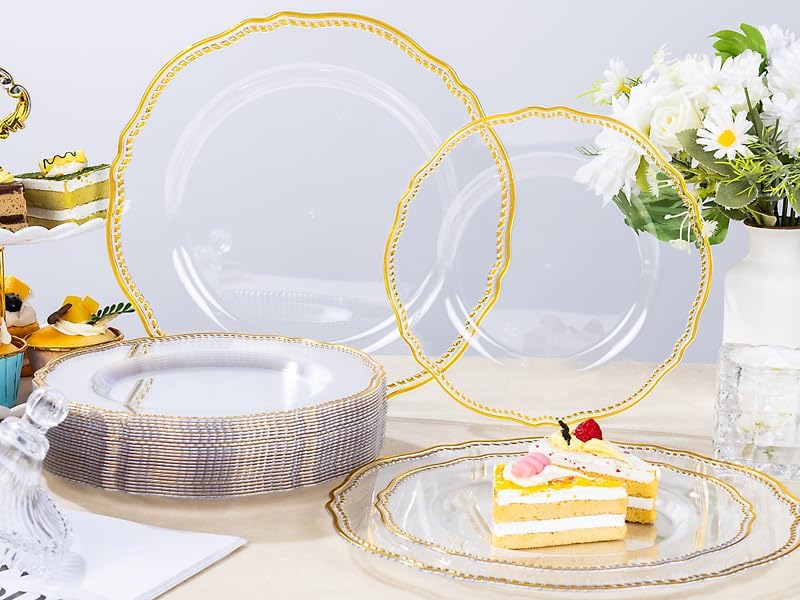 Hioasis 60pcs Clear Plastic Plates - Clear and Gold Disposable Dinnerware with Gold Rim, Heavy-duty, 7.5 inch, Dessert Plates for Party & Wedding