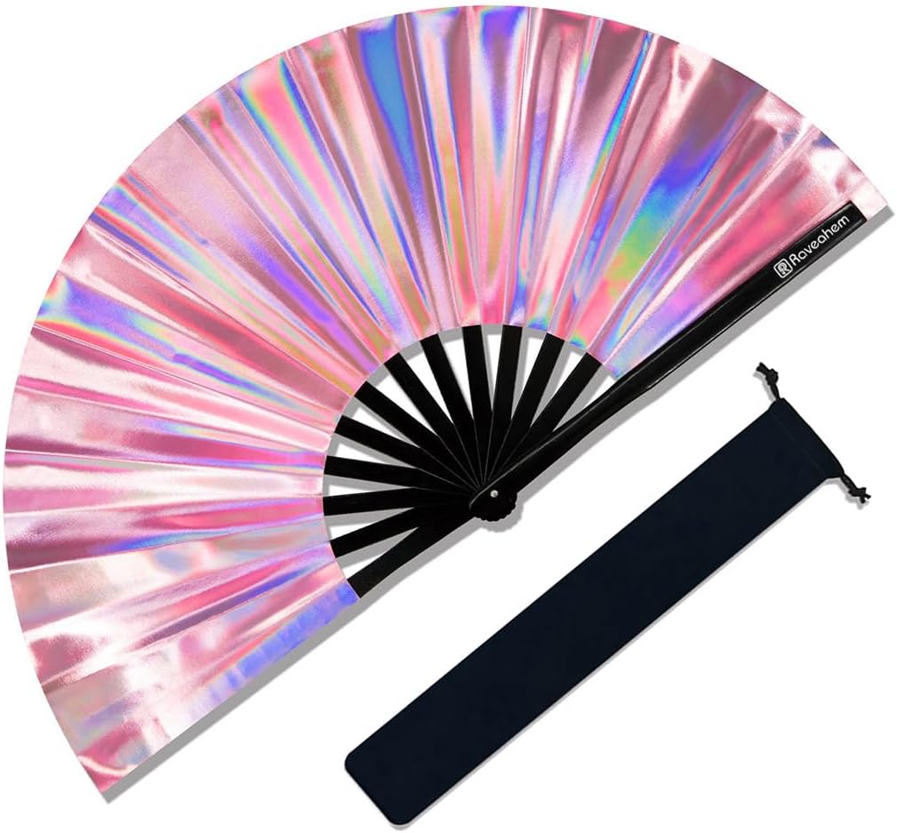 Large Rave Fan, Clack Folding Hand Fan with Premium Fabric, Thick Bamboo Frame for Men Women Gift for EDM, Festival, Club, Party, Dance, Decoration (Holographic Pink, 13")
