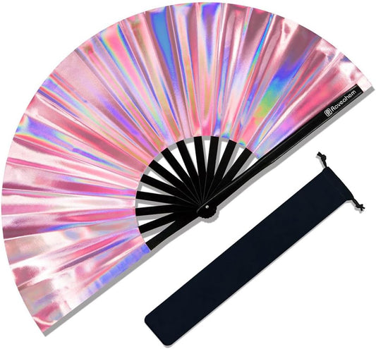 Large Rave Fan, Clack Folding Hand Fan with Premium Fabric, Thick Bamboo Frame for Men Women Gift for EDM, Festival, Club, Party, Dance, Decoration (Holographic Pink, 13")