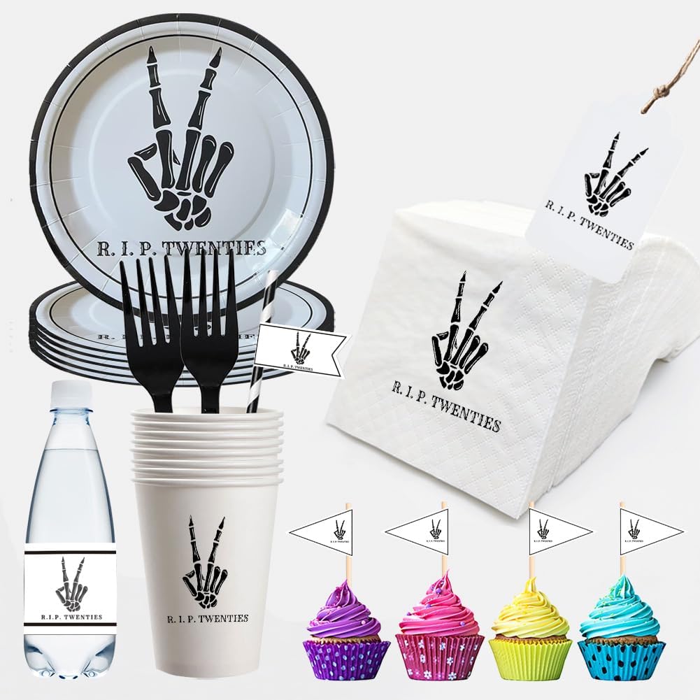 SharkBliss RIP Twenties Party Supplies 240 PCS – Paper Cocktail Napkins Party Cups Water Bottle Labels Toothpick Flags Drinking Straws Gift Tags Forks Plates for Death to My 20s 30th Birthday