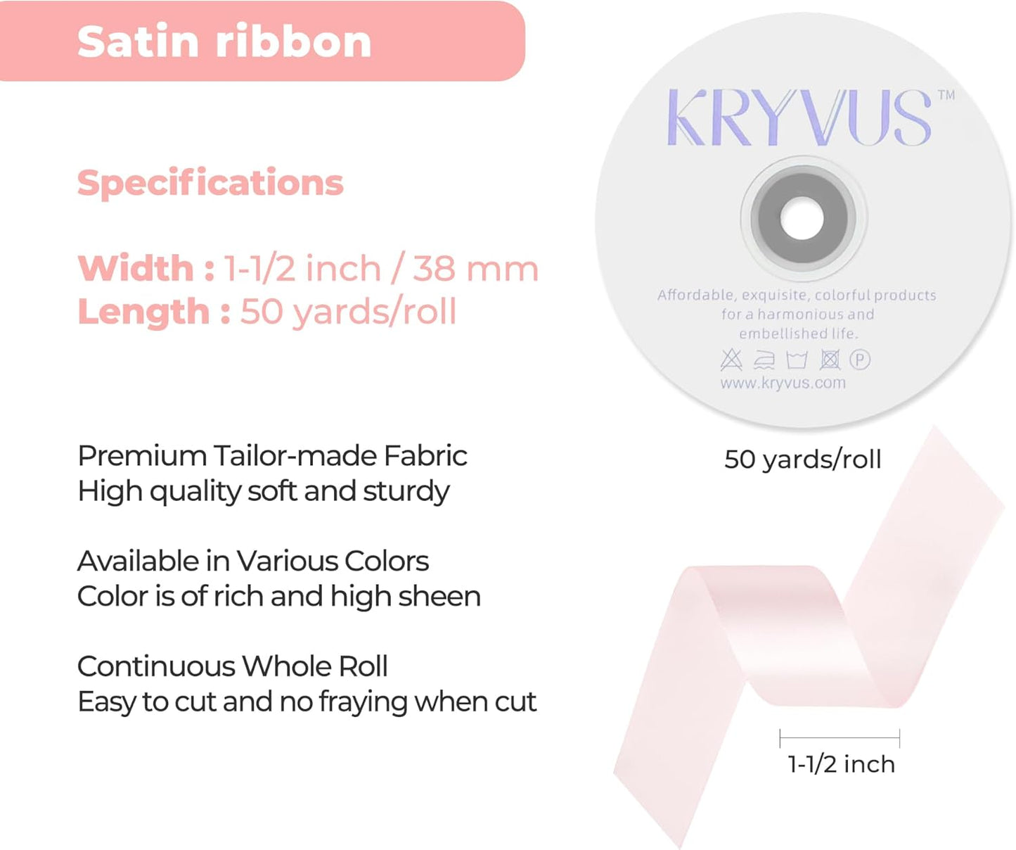 Baby Pink Satin Ribbon 1-1/2 inch X Continuous 50 Yards, Single Face Polyester Ribbon Perfect for Gift Wrapping, Flower Bouquet, Wedding Decor, Crafts, Bow Making, Sewing and More