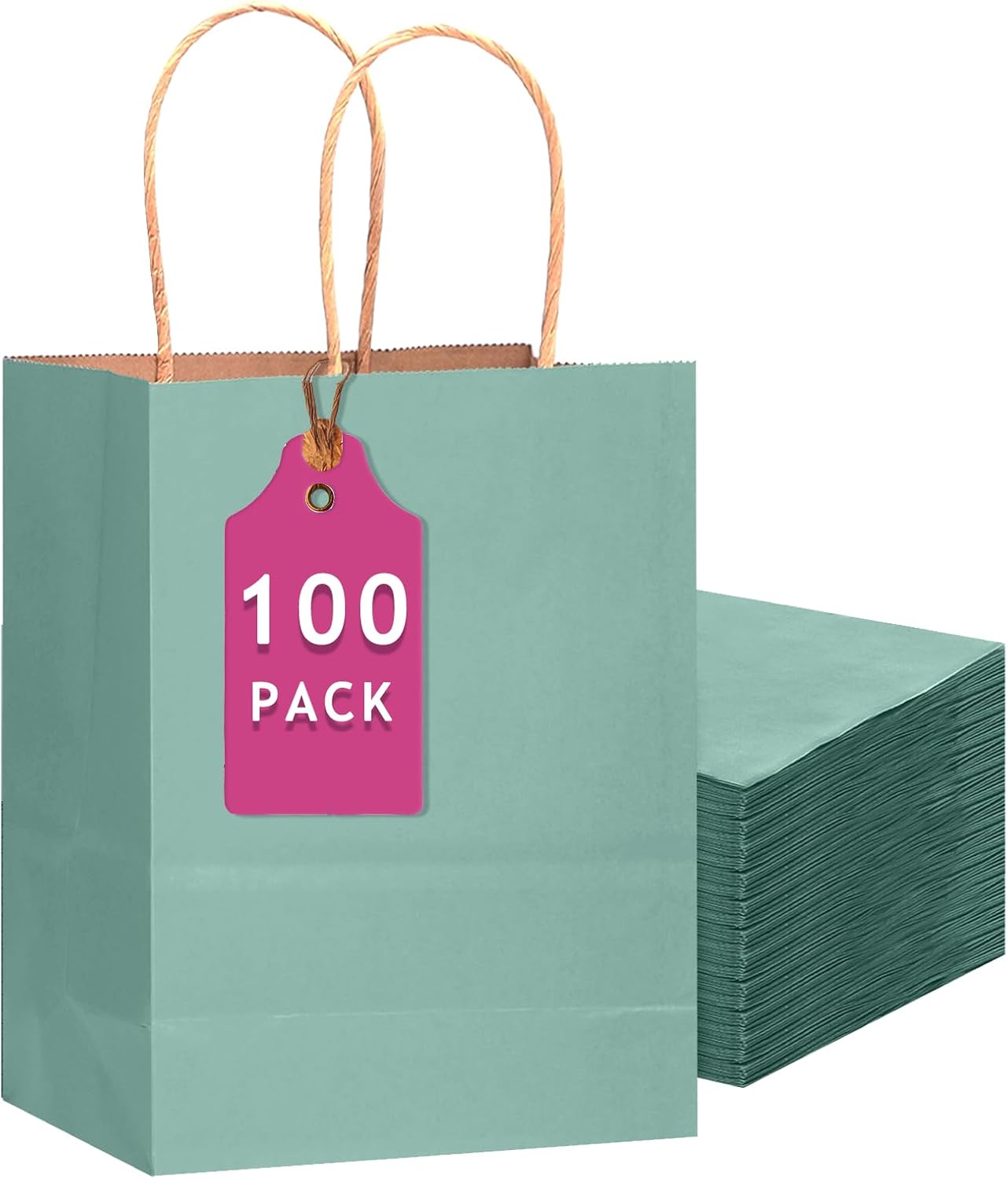 qiqee 100PCS Gift Bag with Handles Bulk Kraft Light Blue Paper Bags Multiple Uses (13''x5 x10 inch Large Size)