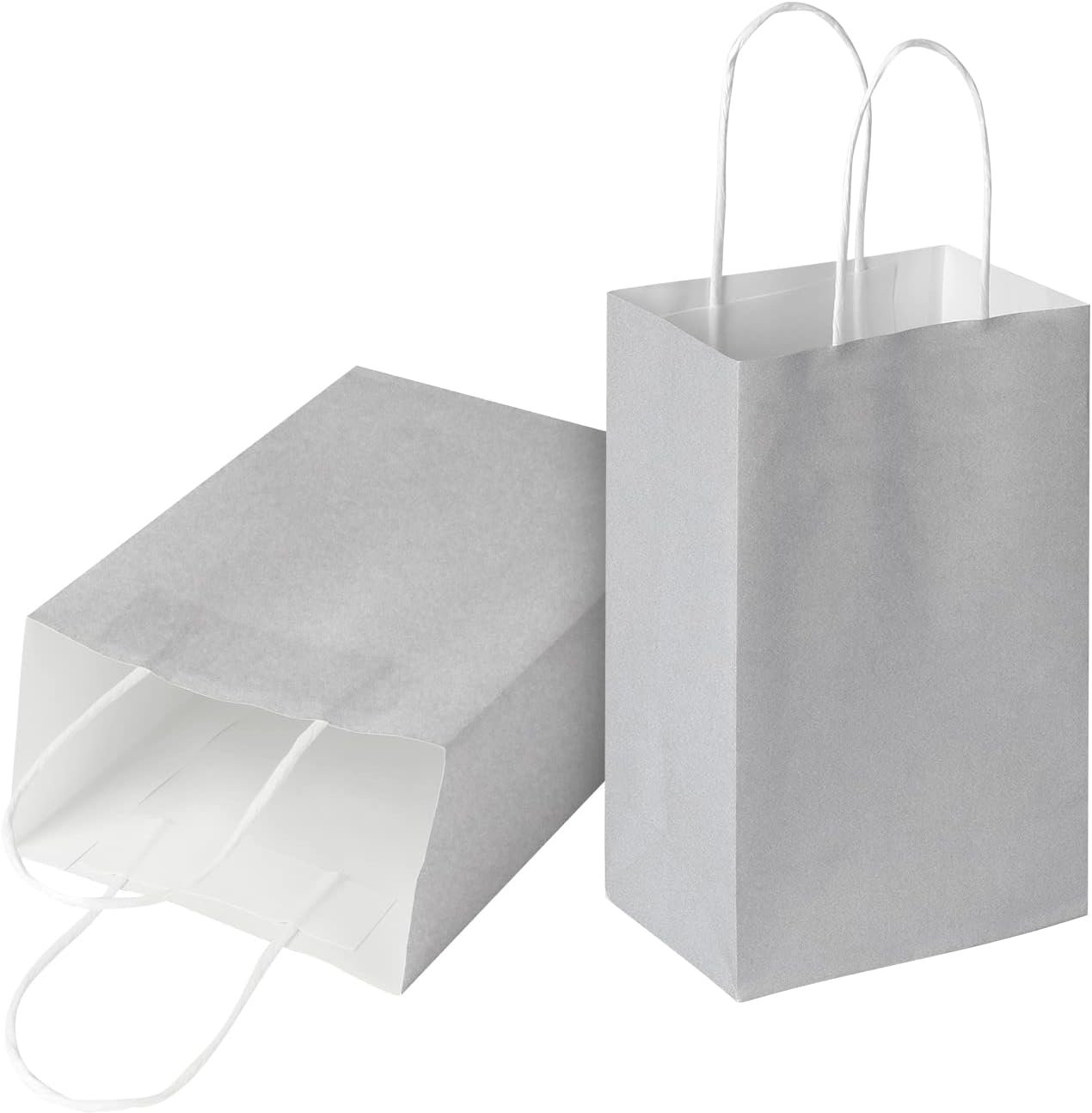 Oikss 50 Pack 5.25x3.25x8.25 Inch Small Gray Kraft Paper Bags with Handles Bulk for Birthday Wedding Party Favors Grocery Retail Shopping Business Goody Craft Gift Bags Sacks (Silver Grey 50 Count)
