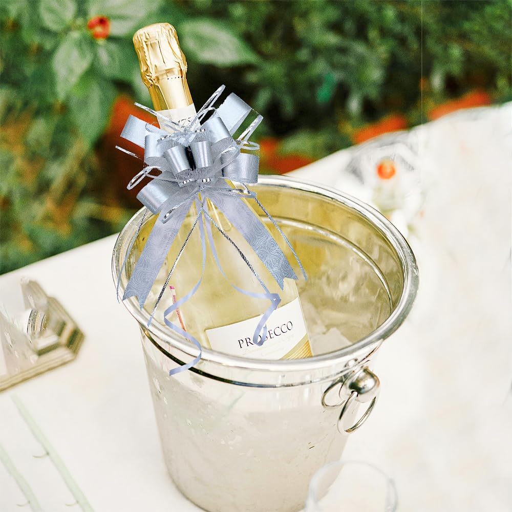 WEWILUCK Big Bow for Present, 15 PCS Pull Gift Bows for Gift Wrapping, Gift Baskets, Christmas, Wedding, and Birthday Party Decor(Silver with Rose Pattern, 6 inches)