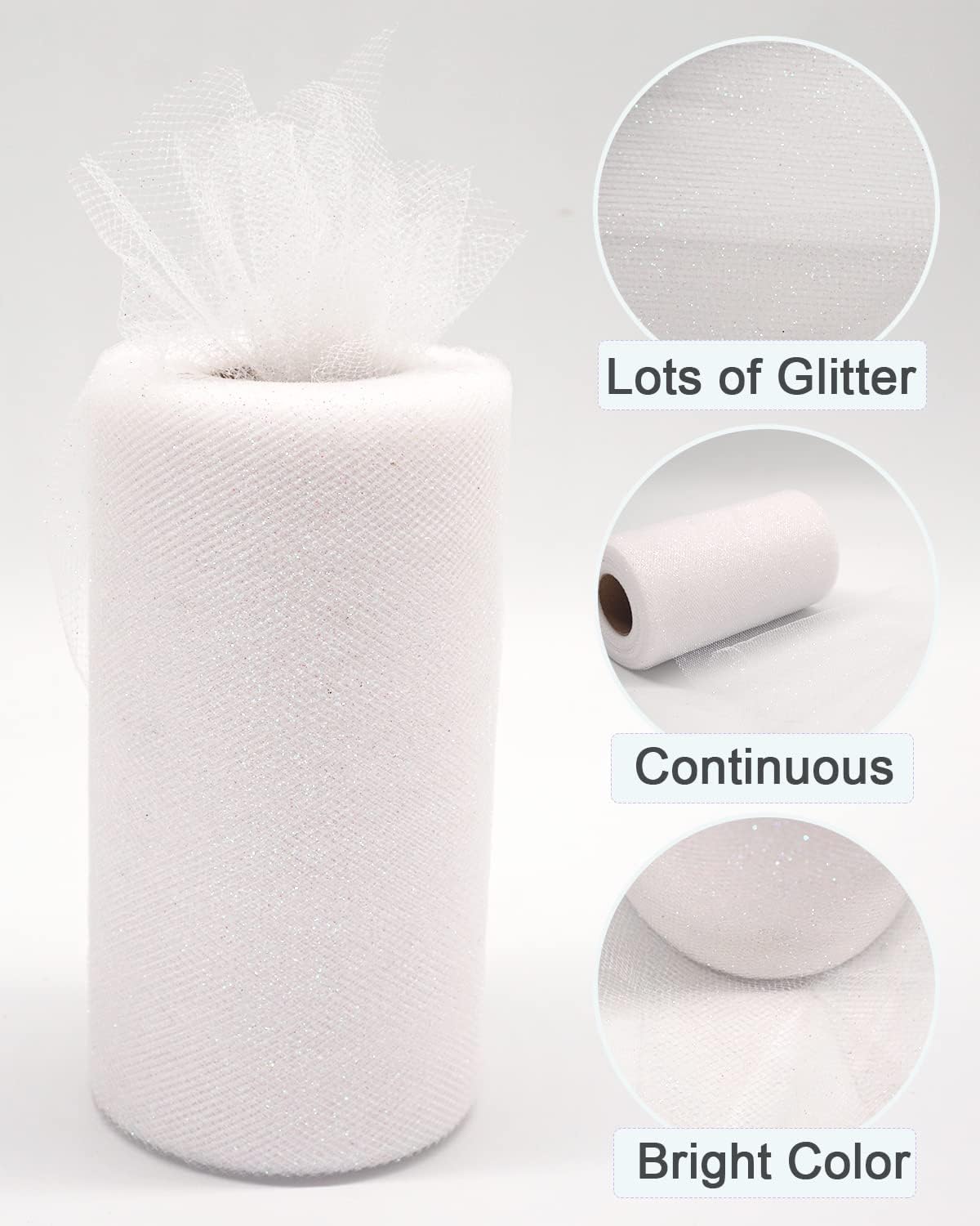 Glitter Tulle Fabric Rolls, 6 Inch 50 Yards (150ft) Sparkling Spool Ribbon Sequin Netting for Tutu Skirt Gift Wrapping Wedding Party Decoration (White)