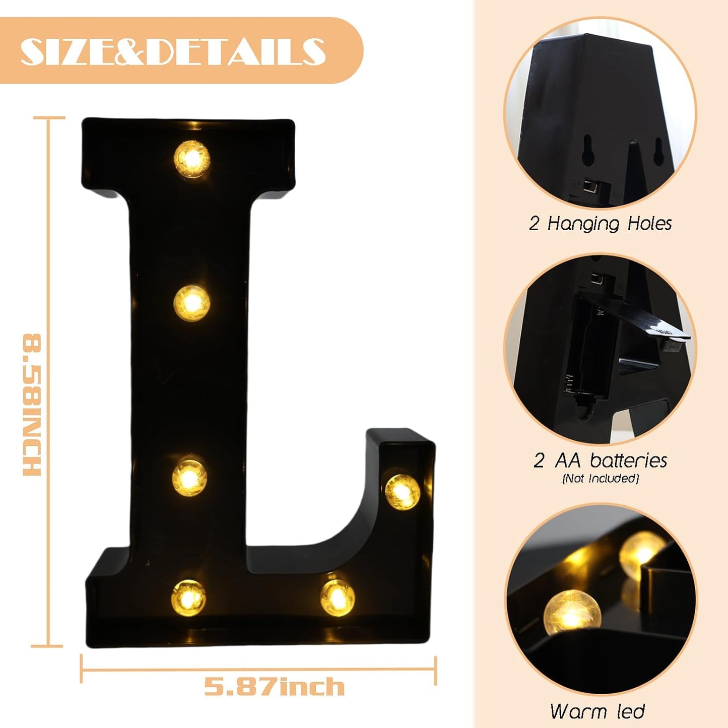 Led Marquee Letters, 8.58 Inch Black Light Up Letters, Small Led Letter Lights, Battery Powered Lighted Letterfor Table, Party, Birthday, Christmas Decor (Black, Letter L)