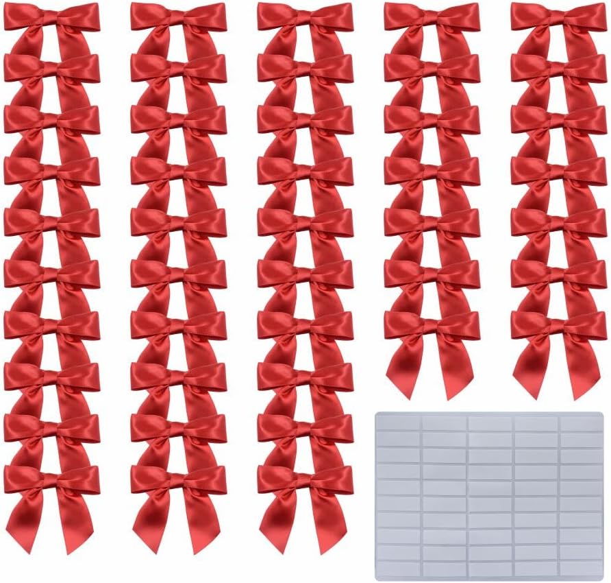 2.5" Hgzgch Red Satin Ribbon Bow for Gift Wrapping, Premade Bows for Crafts, Cake, Party Favors, Handmade Bows with Double-Sided Tape, Self Adhesive Gift Bows for Presents, Treats, Christmas - 50pcs