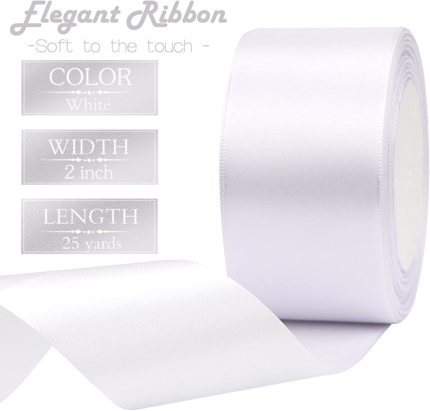 White Solid Satin Ribbon 2 Inch 25 Yards Solid Polyester Fabric Ribbon for Gift Wrapping Wedding Christmas Baby Shower Birthday Party Decoration Handmade Immortal Flower Craft