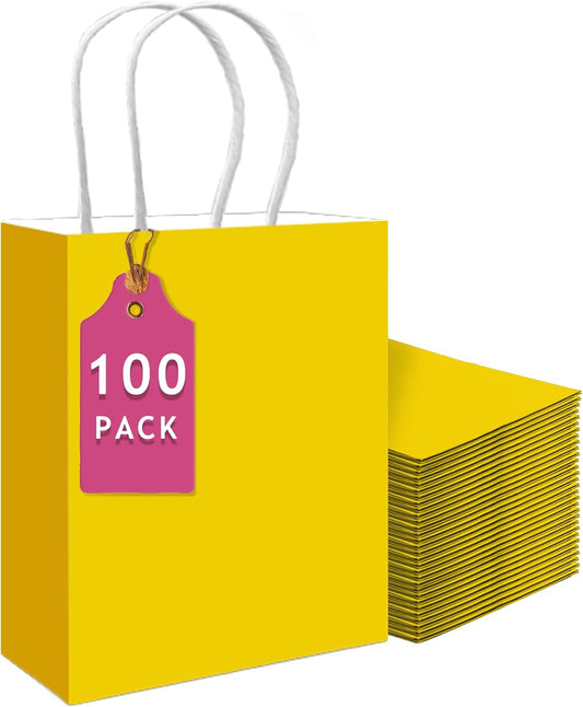 qiqee 100PCS Gift Bag with Handles Bulk Bright Yellow Paper Bags Multiple Uses (13''x5 x10 inch Large Size)