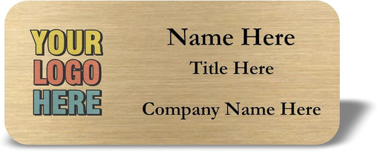 Custom Name Tag with Logo - Personalized Name Badge with Magnet Backing - Choose Your Size and Color (Gold Metal 3"x1.25" - Logo on Left)