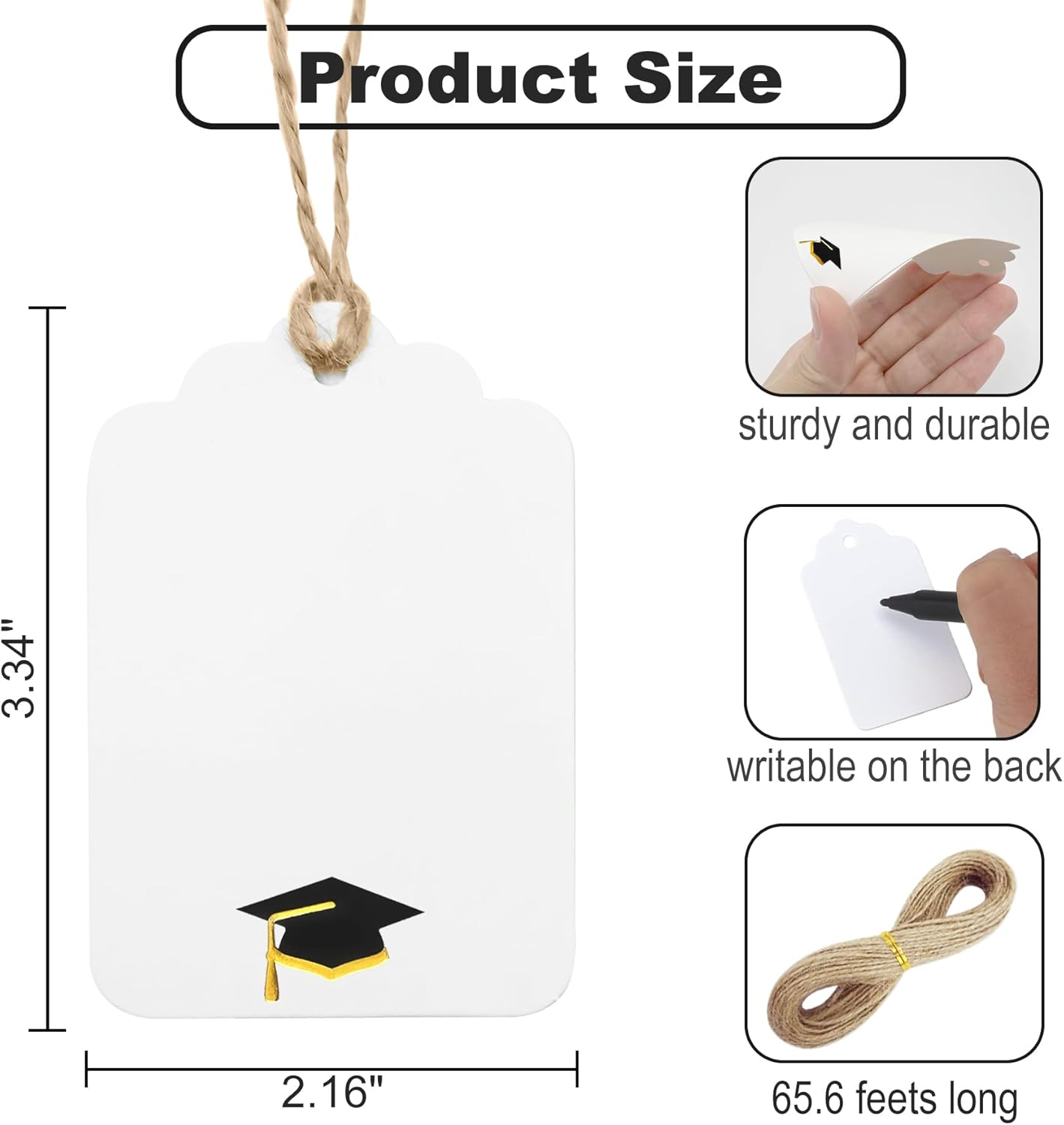 100Pcs Blank Gift Tags with String Foil Black Gold Grad Cap Large Paper Gift Tags with 65 Ft Jute Twine for Congratulations Graduation Congrats Grad Class of 2025 Party