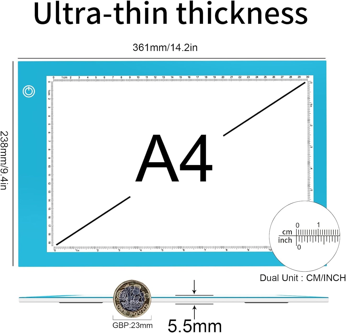 Light Box Drawing Pad, Tracing Board with Type-C Charge Cable and Brightness Adjustable for Artists, AnimationDrawing, Sketching, Animation, X-ray Viewing (A4-P-Blue-New)