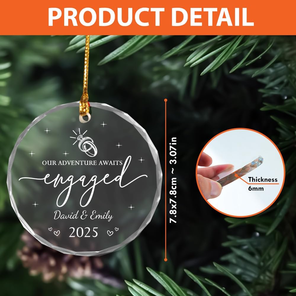 Personalized Engagement Gifts For Couples - Newly Engaged Couples Christmas Ornaments - Happy Engagement Ornament For Her, Bride, Bride To Be, Friends - Just Engaged Glass Ornament