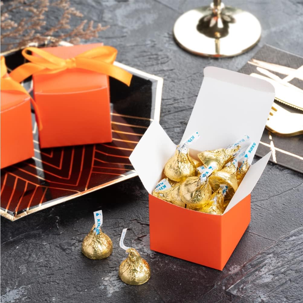 AWELL Orange Gift Candy Box Bulk 2x2x2 inches with Orange Ribbon Party Favor Box for Graduation Halloween Party,Pack of 50