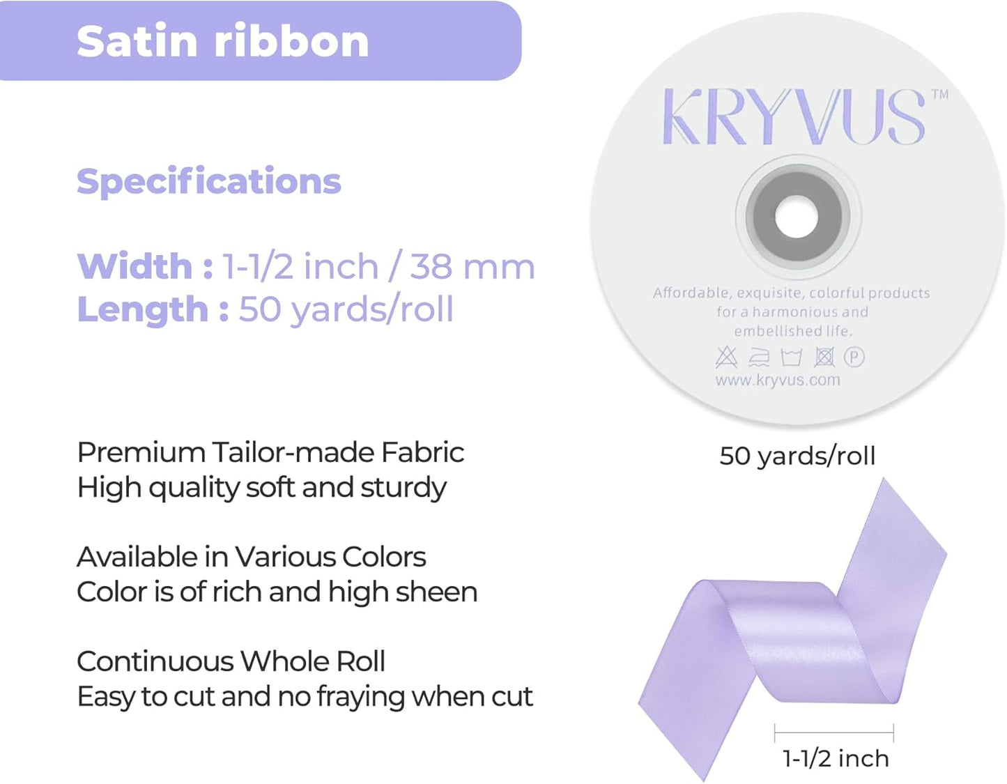 Lavender Satin Ribbon 1-1/2 inch X Continuous 50 Yards, Single Face Polyester Ribbon Perfect for Gift Wrapping, Flower Bouquet, Wedding Decor, Crafts, Bow Making, Sewing and More