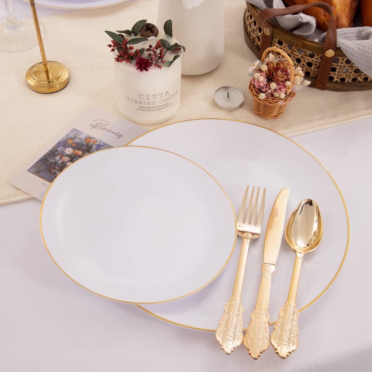 KIRE 100PCS Disposable Plates - White with Gold Rim for Thanksgiving Party/Wedding - Includes 50Pieces 10.25inch Dinner and 50Pieces 7.5inch Dessert/Salad Plates