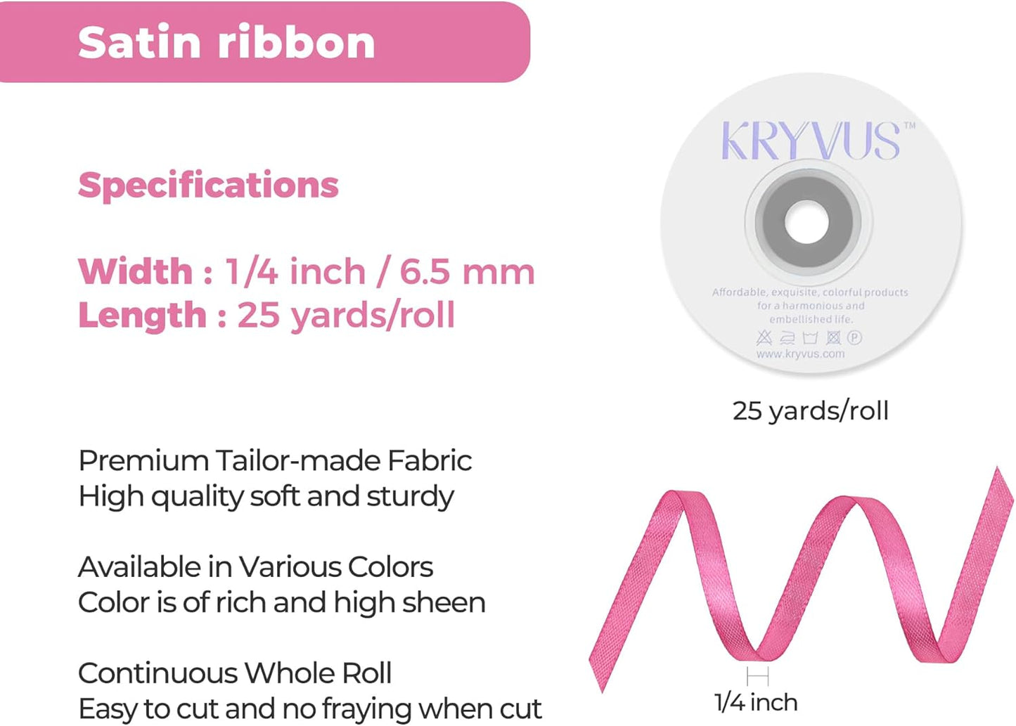 Hot Pink Satin Ribbon 1/4 inch X Continuous 25 Yards, Single Face Polyester Ribbon Perfect for Gift Wrapping, Flower Bouquet, Wedding Decor, Crafts, Bow Making, Sewing and More