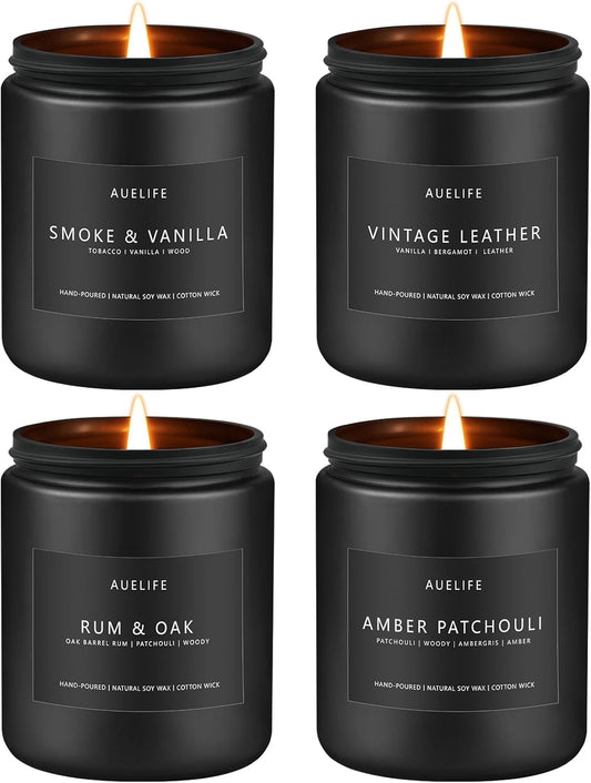 Scented Candles Set | Men Candle Set, 4 Pack Candles for Home, Gifts for Men - Aromatherapy Gifts for Dad Fathers Day, Soy Candle Scent of Smoke & Vanilla/Rum Oak/Vintage Leather/Amber Patchouli