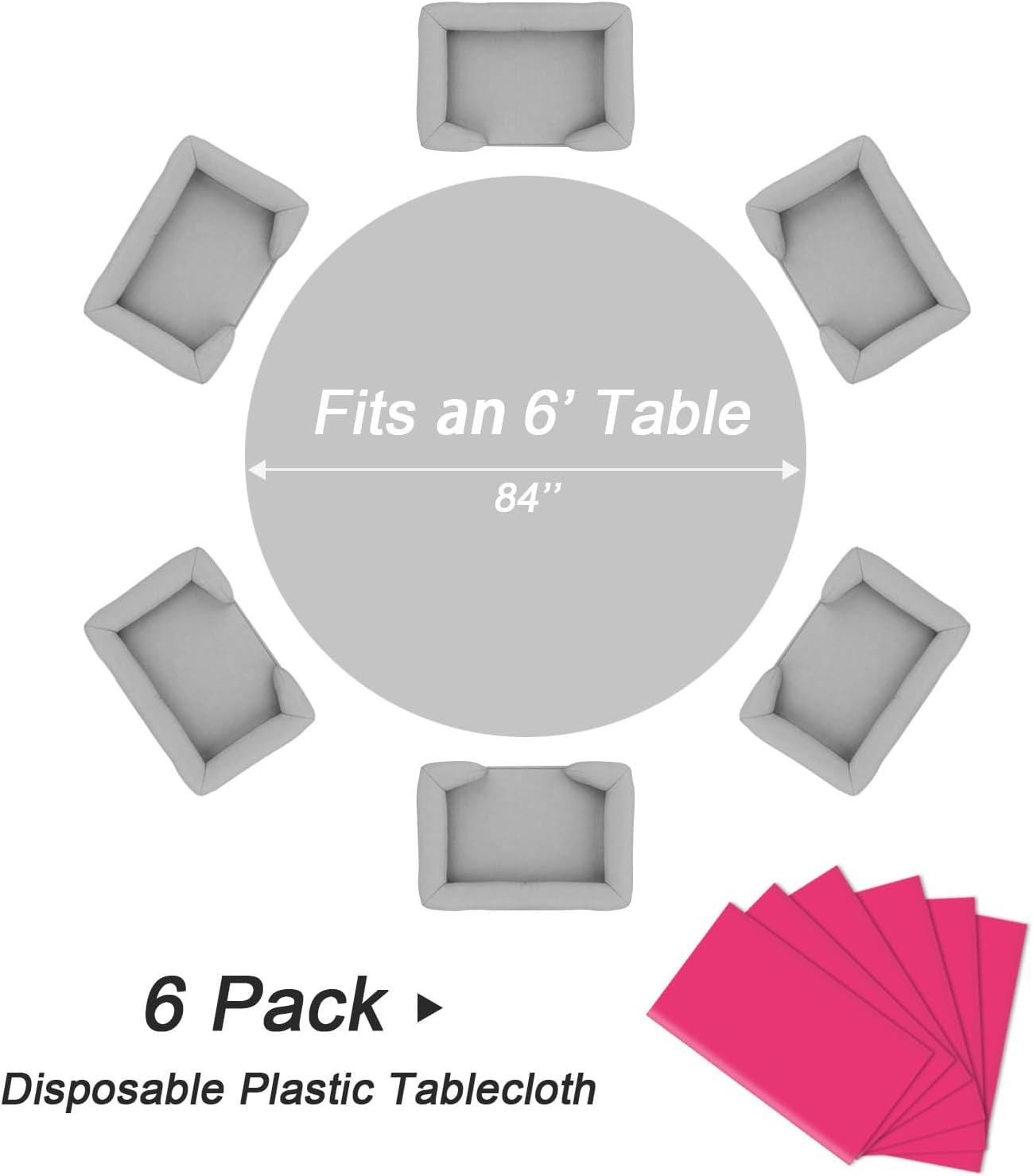 QIKSION Hot Pink Round Tablecloth 6 Pack, 84 Inch Plastic Table Cover Disposable for Parties