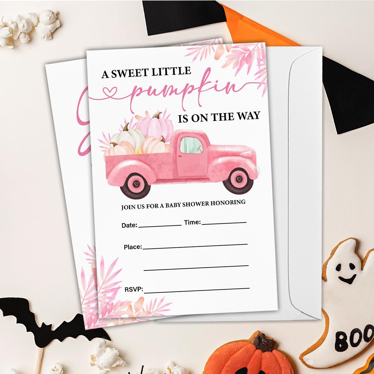 Pumpkin Baby Shower Party Invitations, Fall Pink Pumpkins Truck Baby Shower Party Fill in Invites Cards With Envelopes (20 Count), Double Sided Design