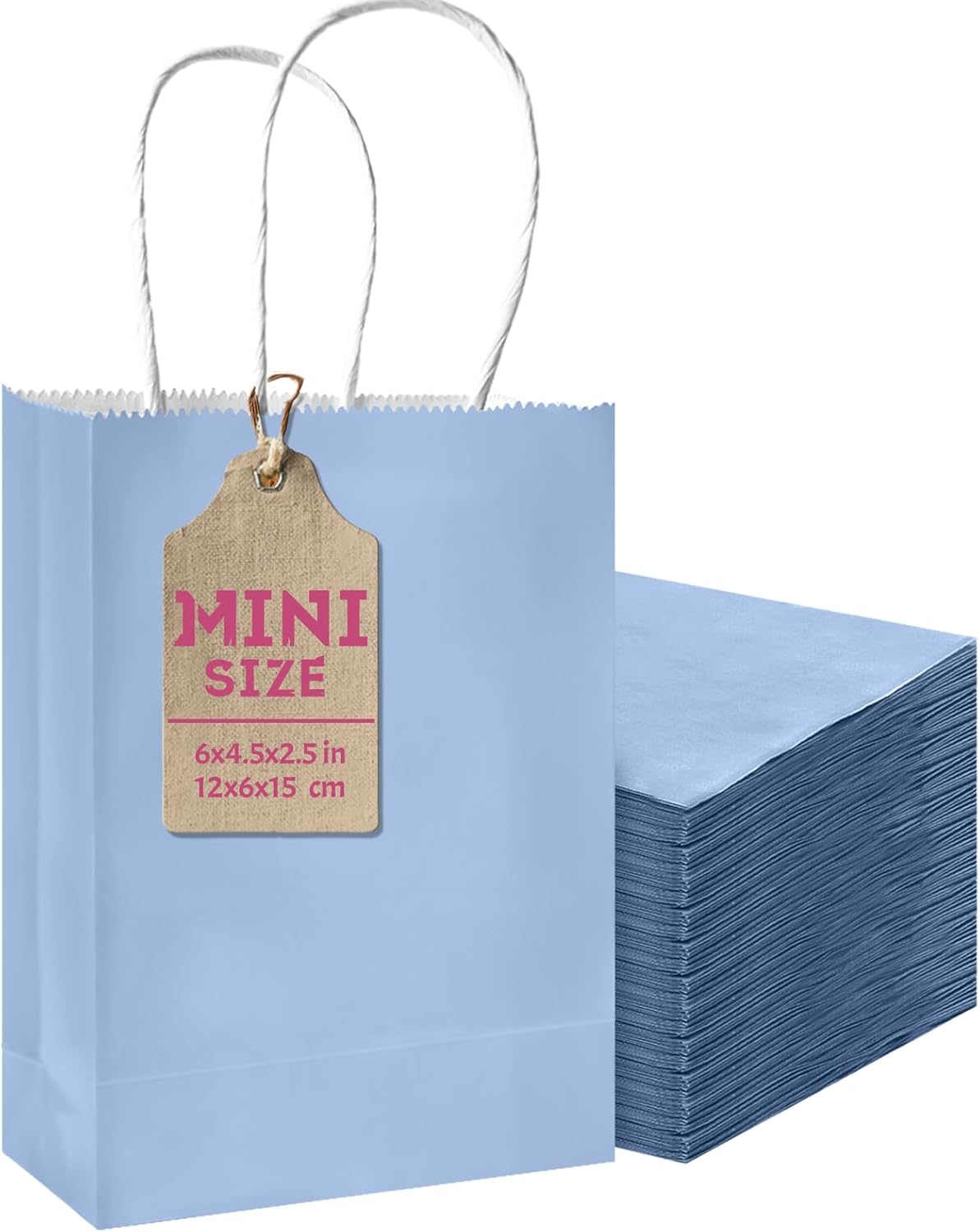 qiqee 50-Packs Light Blue Paper Gift Bags with Handles Bulk 4.5"x2.5"x6" Mini Size Party Favor Bags Multiple Uses