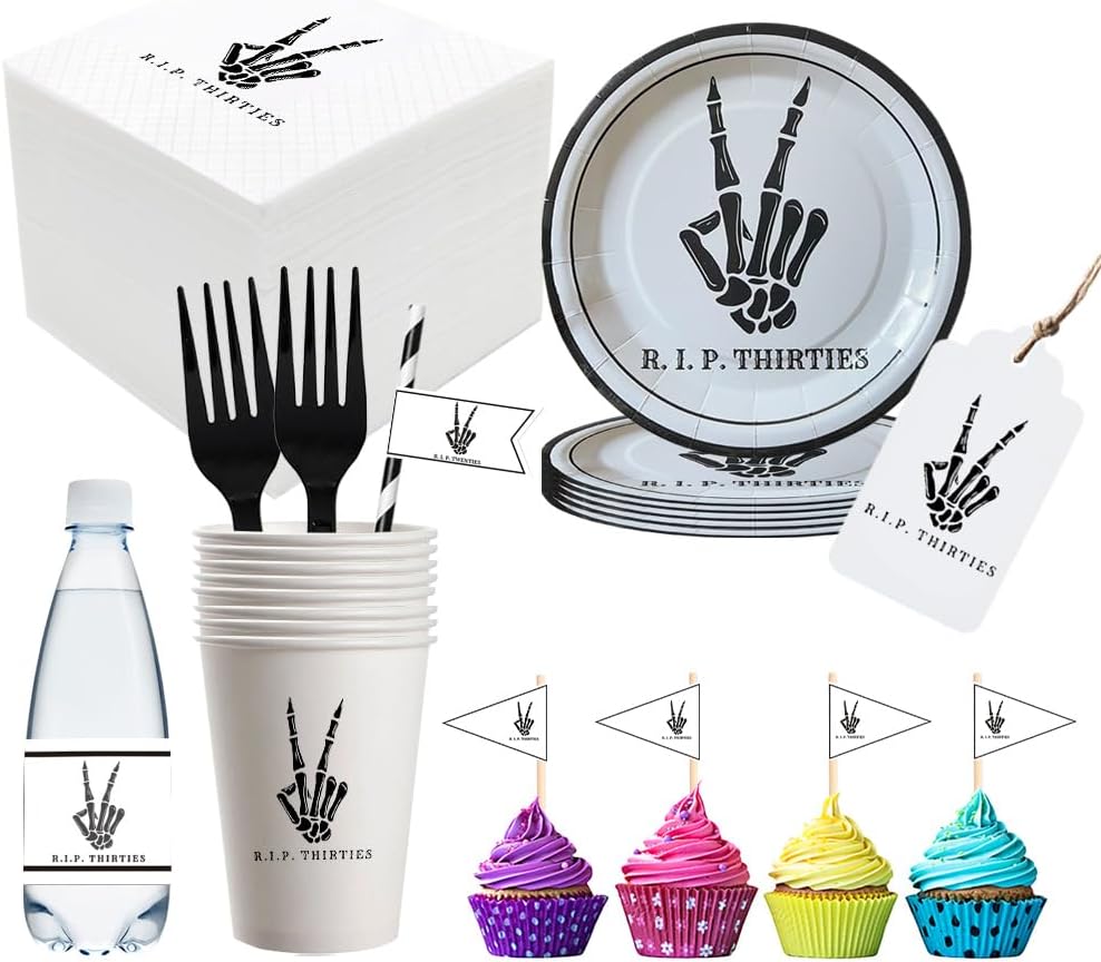 SharkBliss RIP Thirties Party Supplies 480 PCS – Paper Cocktail Napkins Party Cups Water Bottle Labels Toothpick Flags Drinking Straws Gift Tags Forks Plates for Death to My 30s 40th Birthday