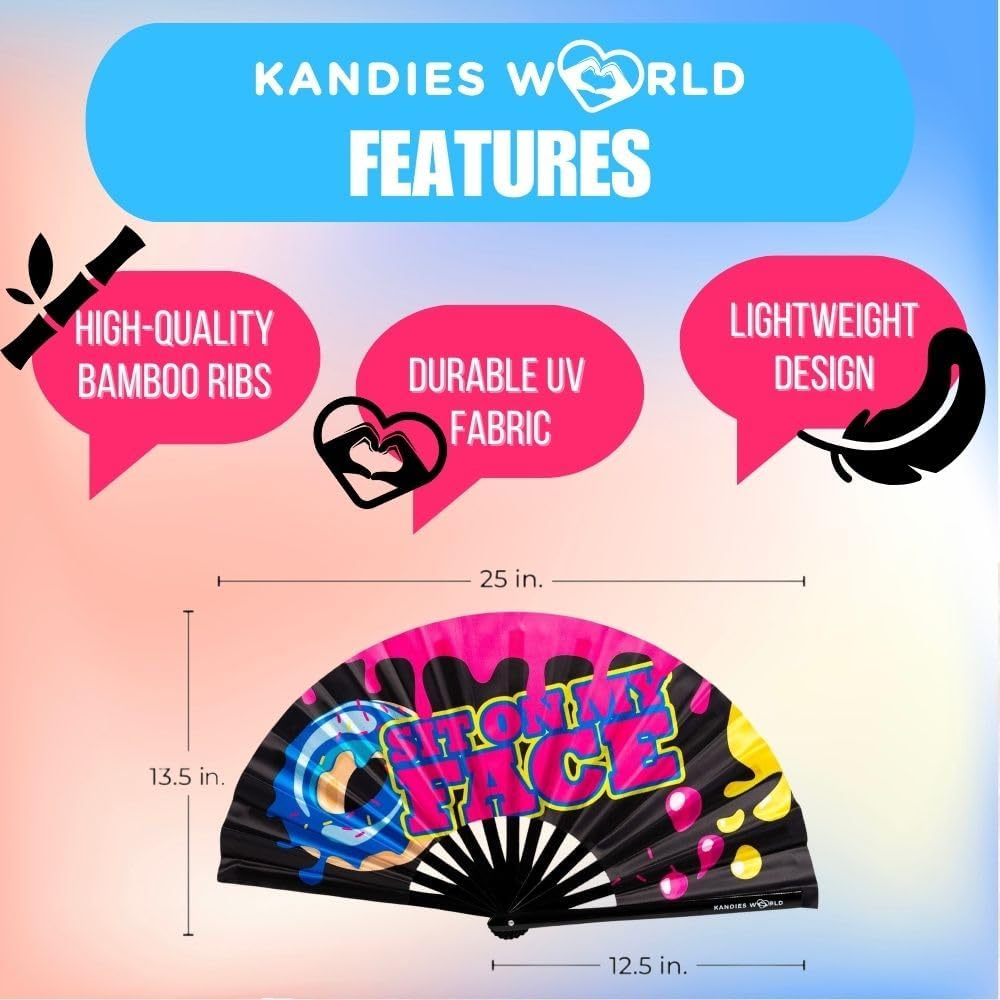 Kandies World Custom Festival Folding Hand Fan - Unique Designs, Made of Bamboo, Clacking Sound, Lightweight - Perfect Rave and Festival Accessory!