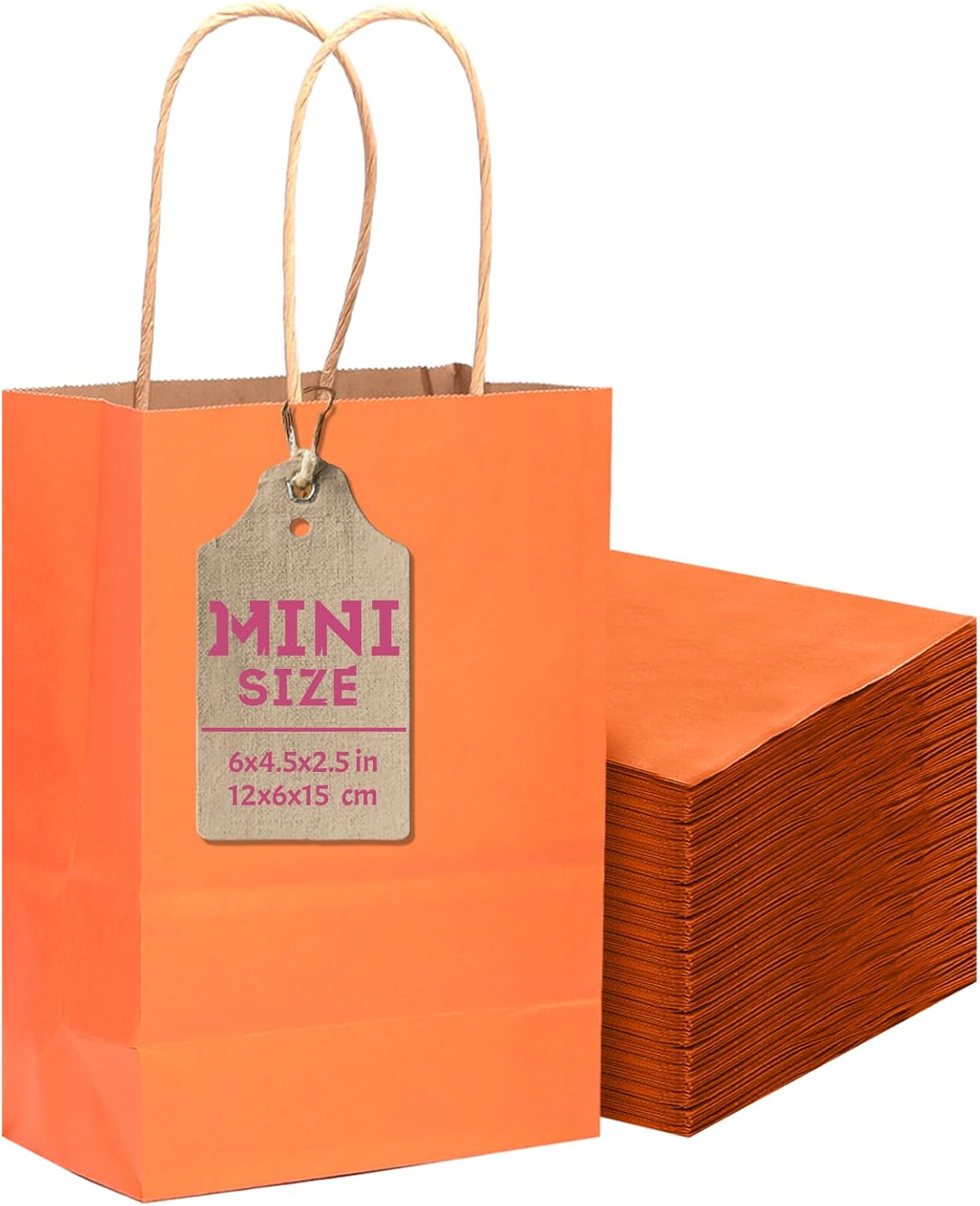 qiqee 24 Pcs Orange Mini Paper Gift Bags with Handles 6"x4.5"x2.5" Small Brown Kraft Party Favor Bags Treat Bags Multiple Uses (Mini size)